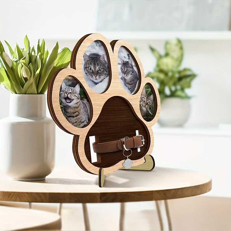 Cadre photos commémoratif avec support, en bois plat 2D, en forme de patte de chien - disposition de 4 photos + emplacement pour mettre le collier de votre animal disparu