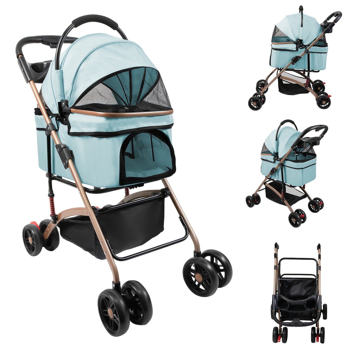 Poussette pour chien et chat, conception pliable, poussette 3 en 1 avec panier couvert, fenêtre en filet, porte-gobelet et roues en caoutchouc durables, idéale pour les longues promenades en extérieur