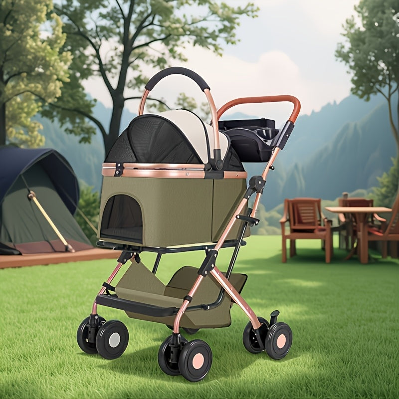 Poussette pour chien et chat 2 en 1, multifonctionnelle avec 4 doubles roues, tout terrain, panier amovible, pliable et compacte, en maille respirante, diverses couleurs
