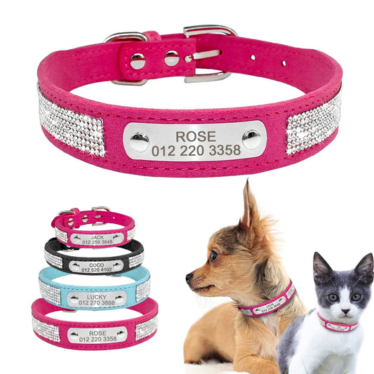Collier de chien en cuir avec strass et plaque d'identification personnalisable gratuitement, pour petits et moyens chiens. Diverses couleurs