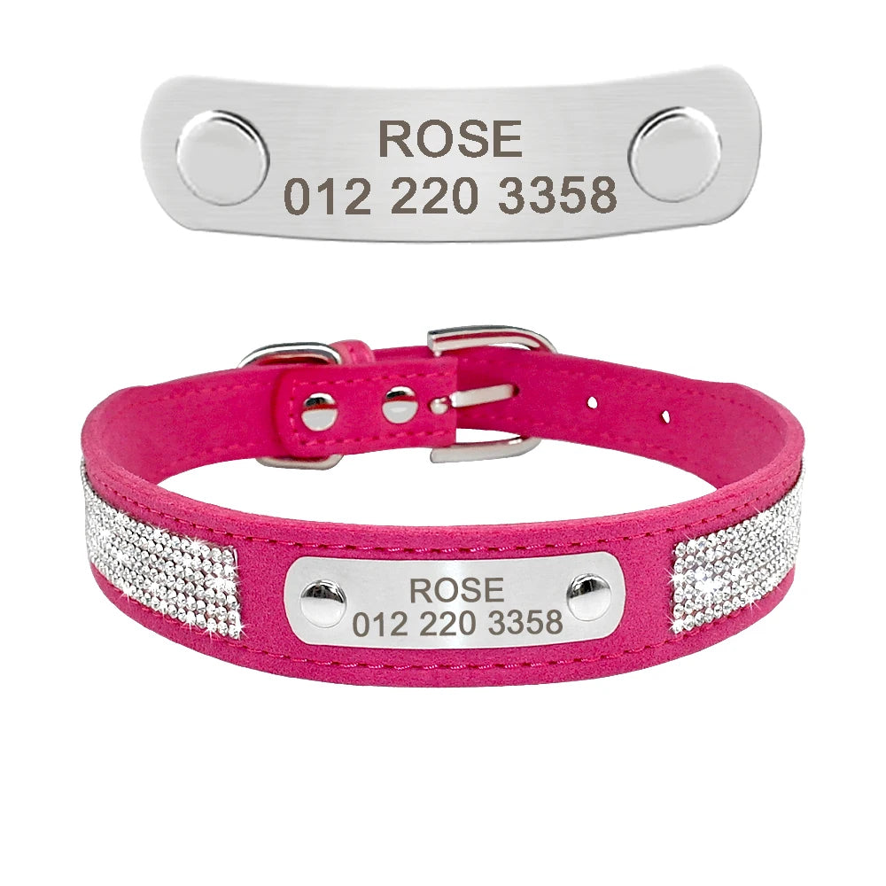 Collier de chien en cuir avec strass et plaque d'identification personnalisable gratuitement, pour petits et moyens chiens. Diverses couleurs