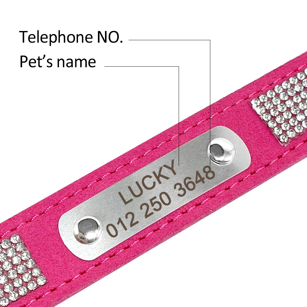 Collier de chien en cuir avec strass et plaque d'identification personnalisable gratuitement, pour petits et moyens chiens. Diverses couleurs