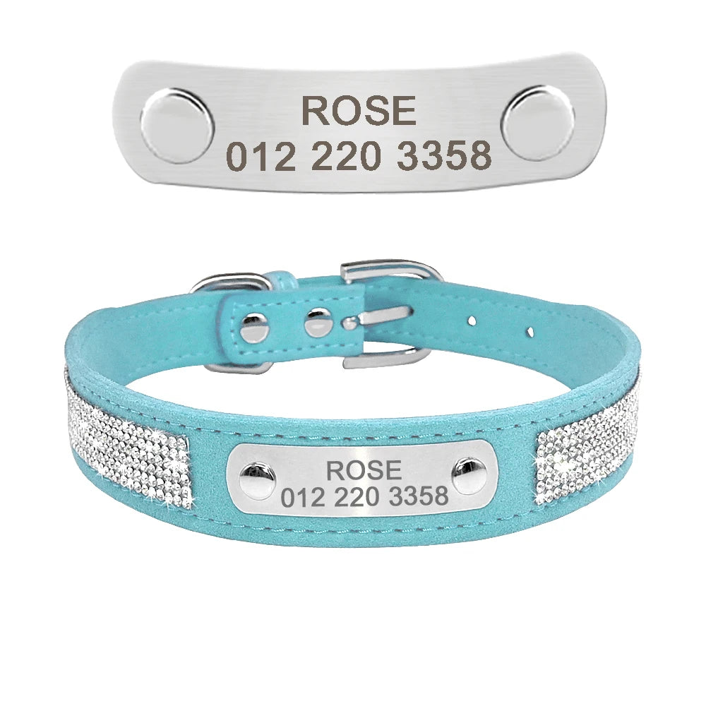 Collier de chien en cuir avec strass et plaque d'identification personnalisable gratuitement, pour petits et moyens chiens. Diverses couleurs