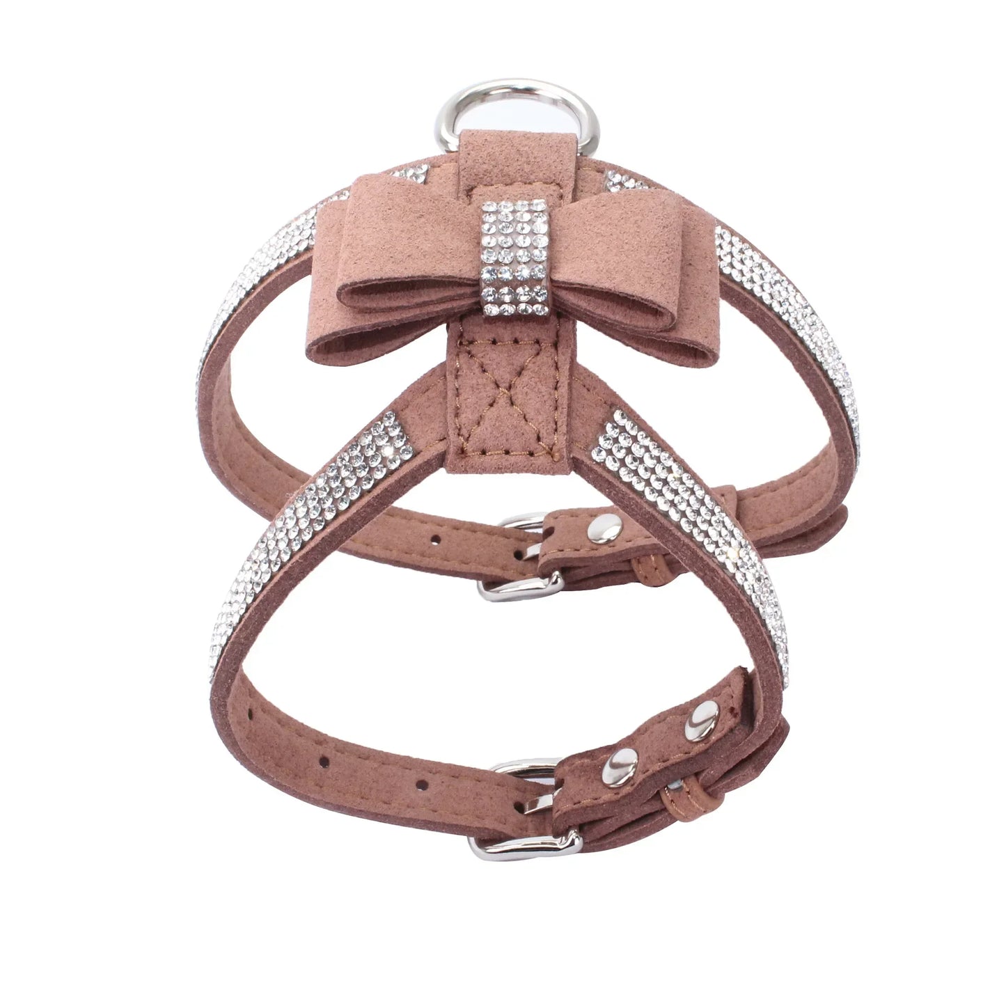 Harnais et laisse assortie pour chien, avec strass scintillants et nœud, en cuir suédé souple. Réglable pour petits et moyens chiens, diverses couleurs
