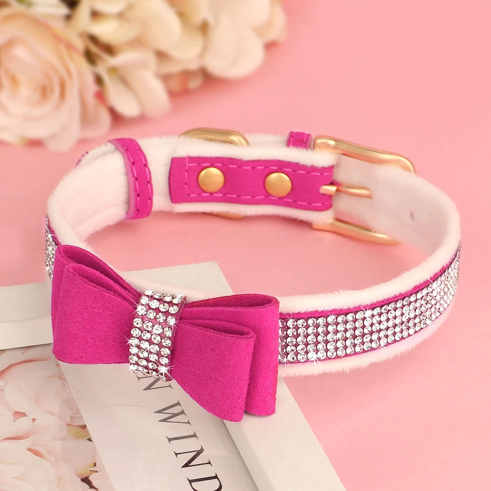 Collier pour chien avec nœud papillon et strass scintillants, pour petits chiens et chats, en velours doux. Diverses couleurs