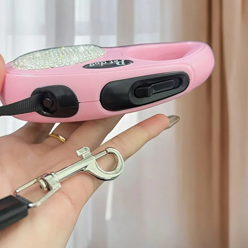 Laisse de 3m pour chien de petite et moyenne taille, en nylon avec diamants scintillants, rétractable, couleur rose