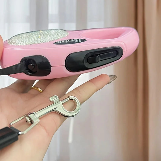 Laisse de 3m pour chien de petite et moyenne taille, en nylon avec diamants scintillants, rétractable, couleur rose