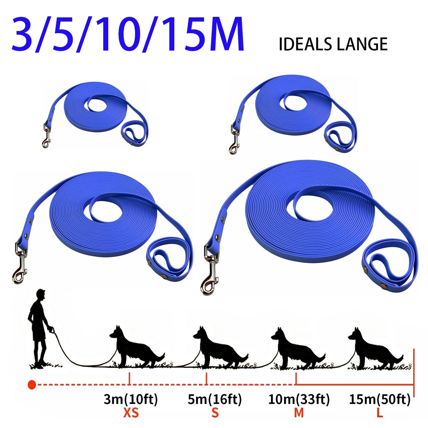 Longue laisse imperméable en pvc pour chien, facile à nettoyer, disponible en 3m, 5m, 10m, 15m pour la marche ou l'entrainement, diverses couleurs