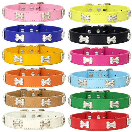 Collier en cuir avec rivets en forme d'os. Collier pour chien de petite, moyenne et grande taille, diverses couleurs