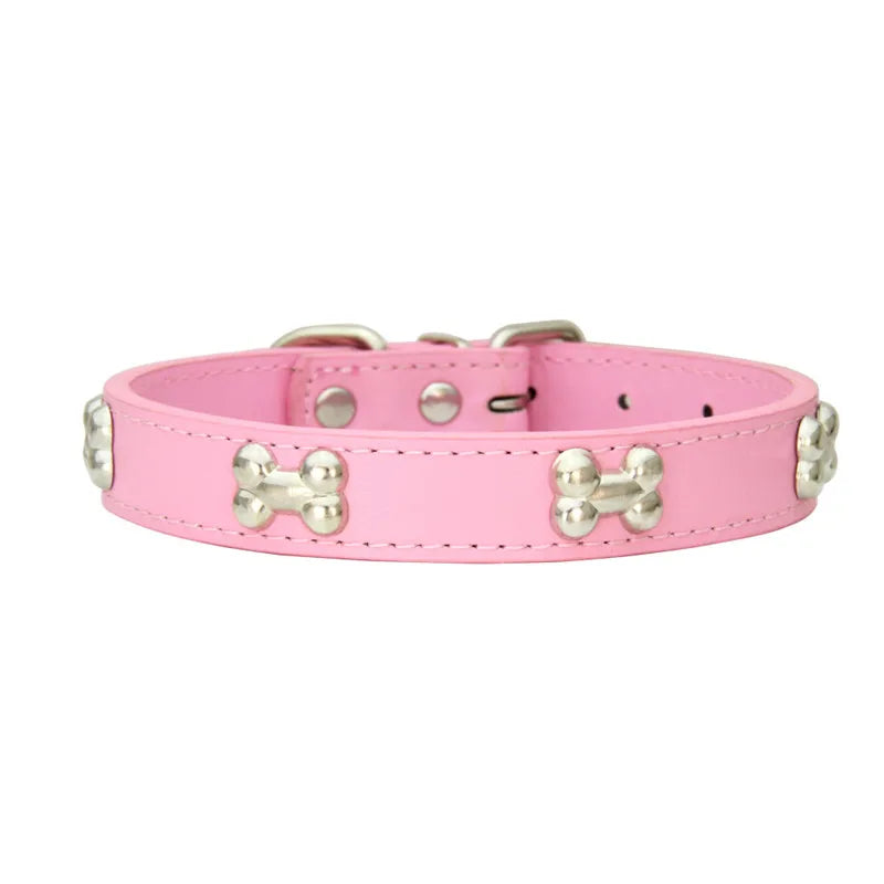 Collier en cuir avec rivets en forme d'os. Collier pour chien de petite, moyenne et grande taille, diverses couleurs