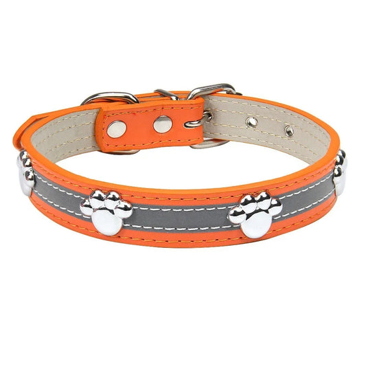 Collier de chien réfléchissant en cuir, boucle en métal réglable, rivets en forme de patte, diverses couleurs