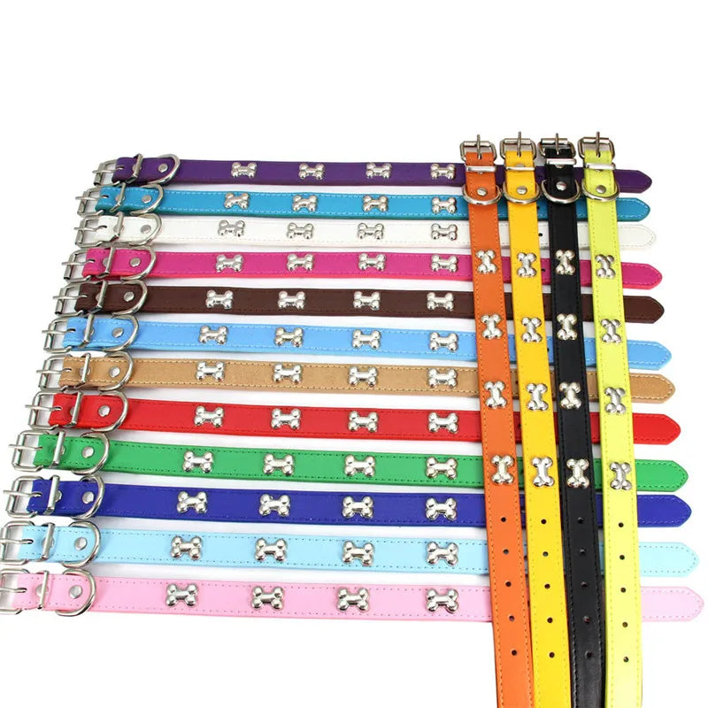 Collier en cuir avec rivets en forme d'os. Collier pour chien de petite, moyenne et grande taille, diverses couleurs