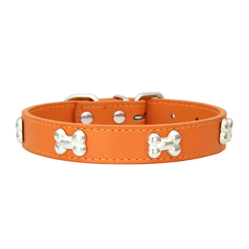 Collier en cuir avec rivets en forme d'os. Collier pour chien de petite, moyenne et grande taille, diverses couleurs