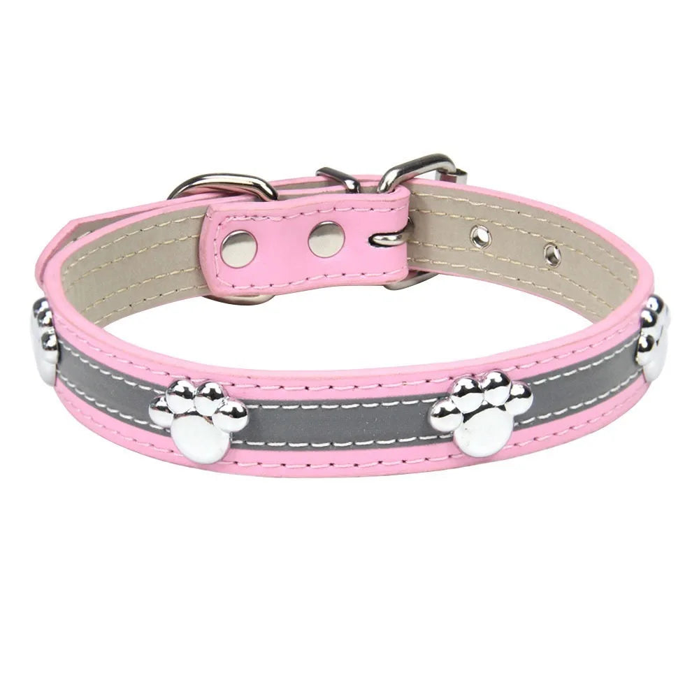 Collier de chien réfléchissant en cuir, boucle en métal réglable, rivets en forme de patte, diverses couleurs