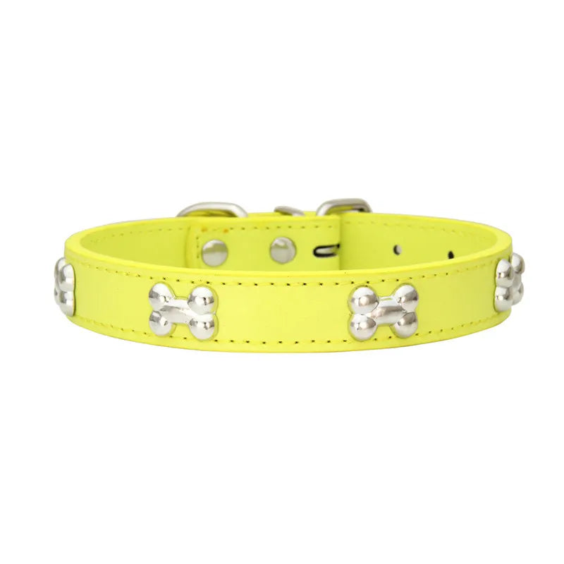 Collier en cuir avec rivets en forme d'os. Collier pour chien de petite, moyenne et grande taille, diverses couleurs