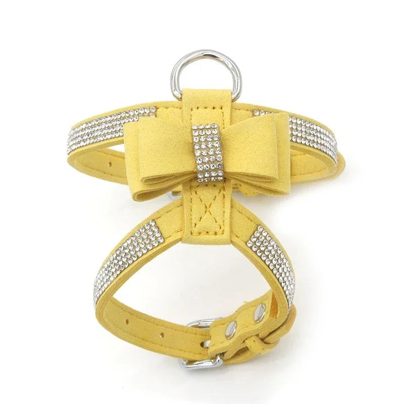 Harnais et laisse assortie pour chien, avec strass scintillants et nœud, en cuir suédé souple. Réglable pour petits et moyens chiens, diverses couleurs