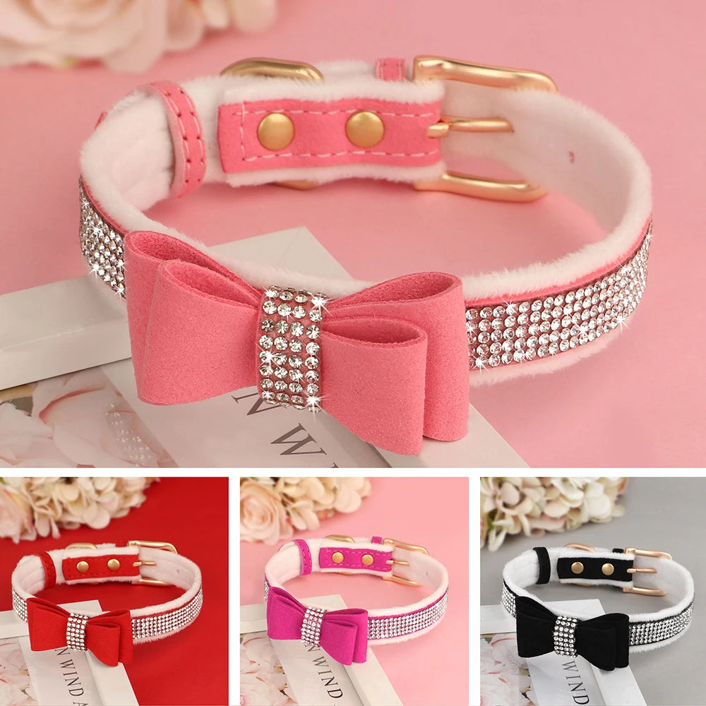 Collier pour chien avec nœud papillon et strass scintillants, pour petits chiens et chats, en velours doux. Diverses couleurs