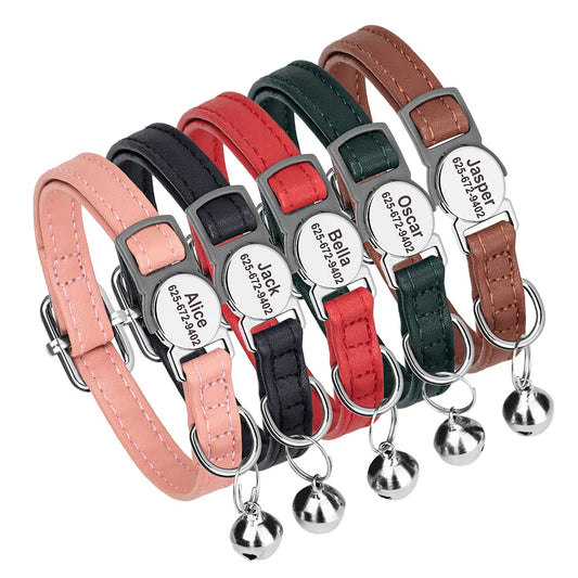 Collier à personnaliser en cuir PU, gravure gratuite, petite clochette. Pour chats et petits chiens, diverses couleurs