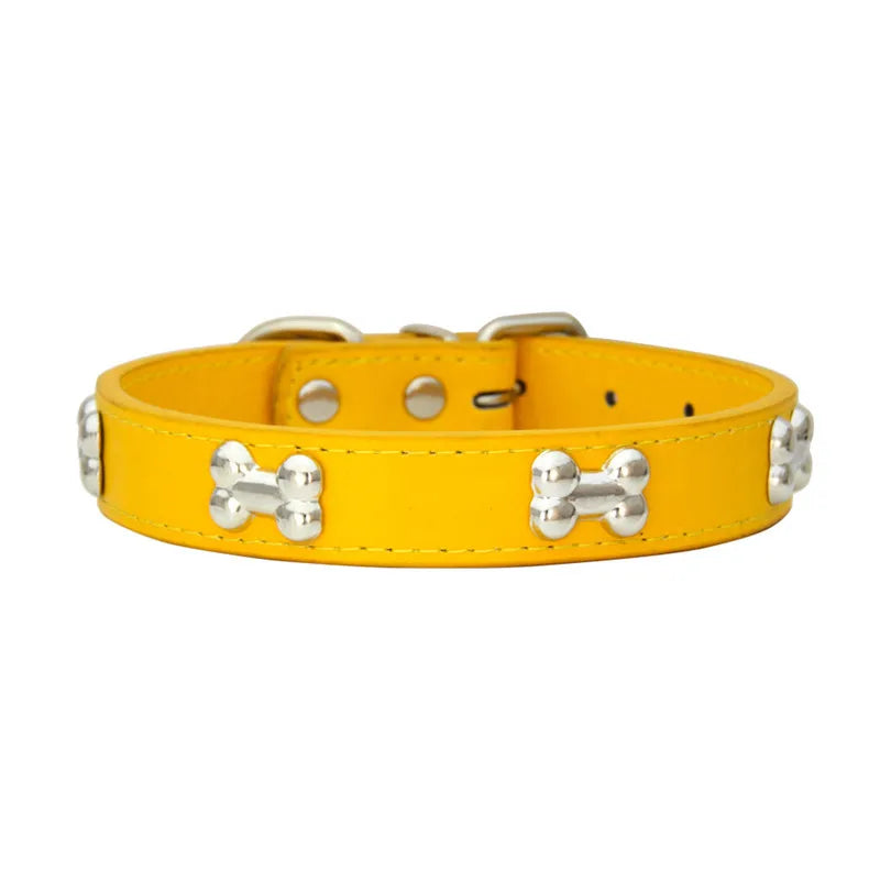 Collier en cuir avec rivets en forme d'os. Collier pour chien de petite, moyenne et grande taille, diverses couleurs