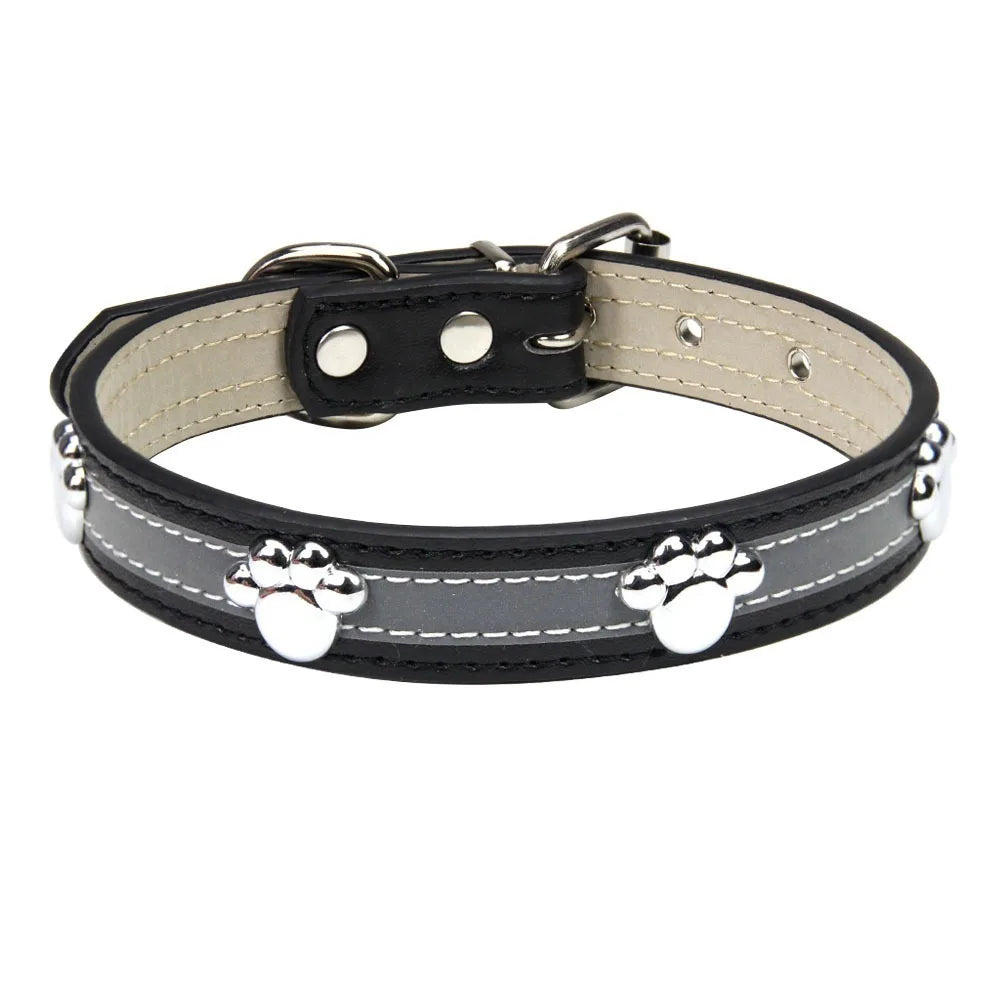 Collier de chien réfléchissant en cuir, boucle en métal réglable, rivets en forme de patte, diverses couleurs