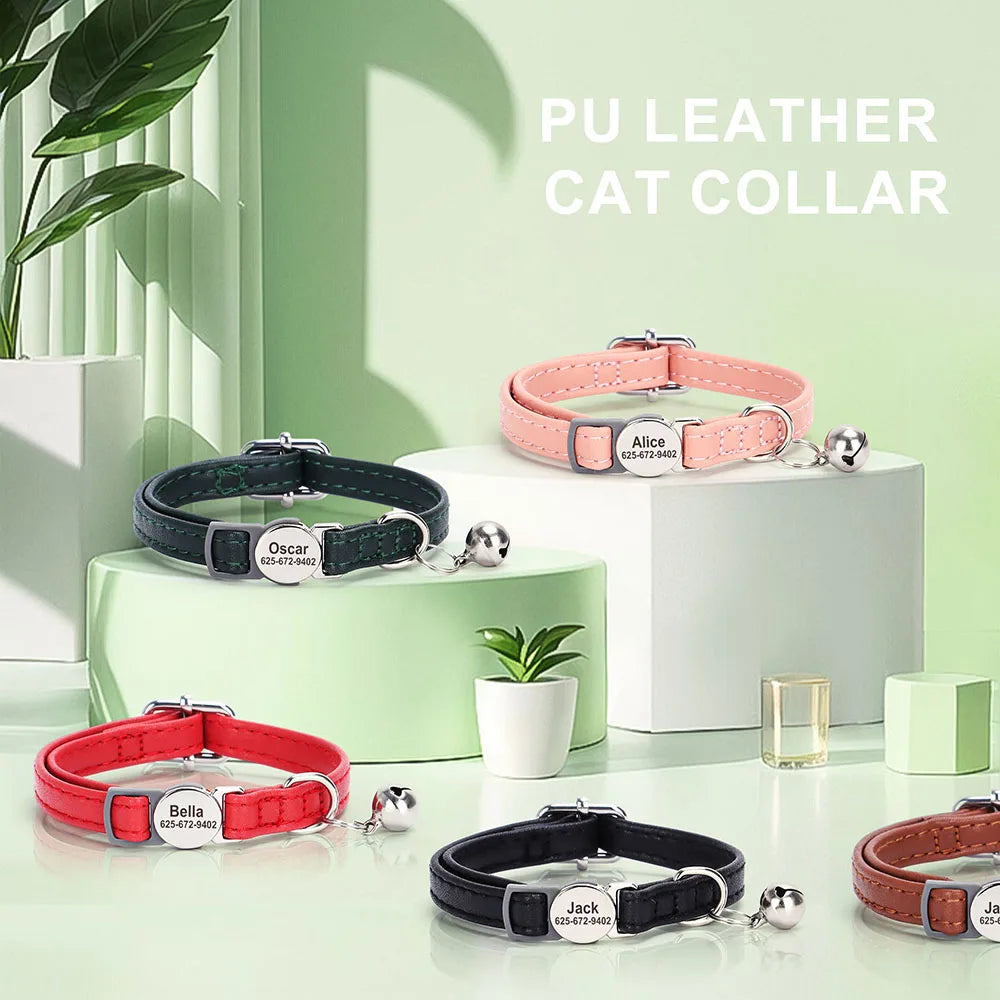 Collier à personnaliser en cuir PU, gravure gratuite, petite clochette. Pour chats et petits chiens, diverses couleurs