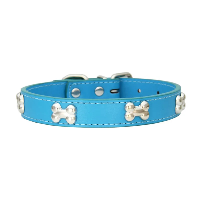Collier en cuir avec rivets en forme d'os. Collier pour chien de petite, moyenne et grande taille, diverses couleurs