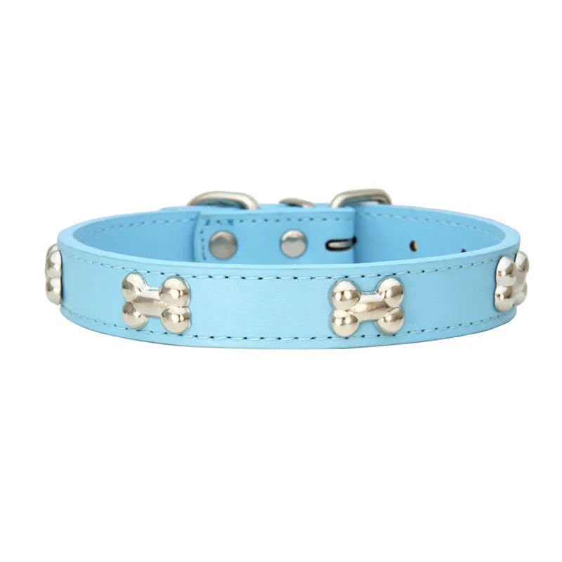Collier en cuir avec rivets en forme d'os. Collier pour chien de petite, moyenne et grande taille, diverses couleurs
