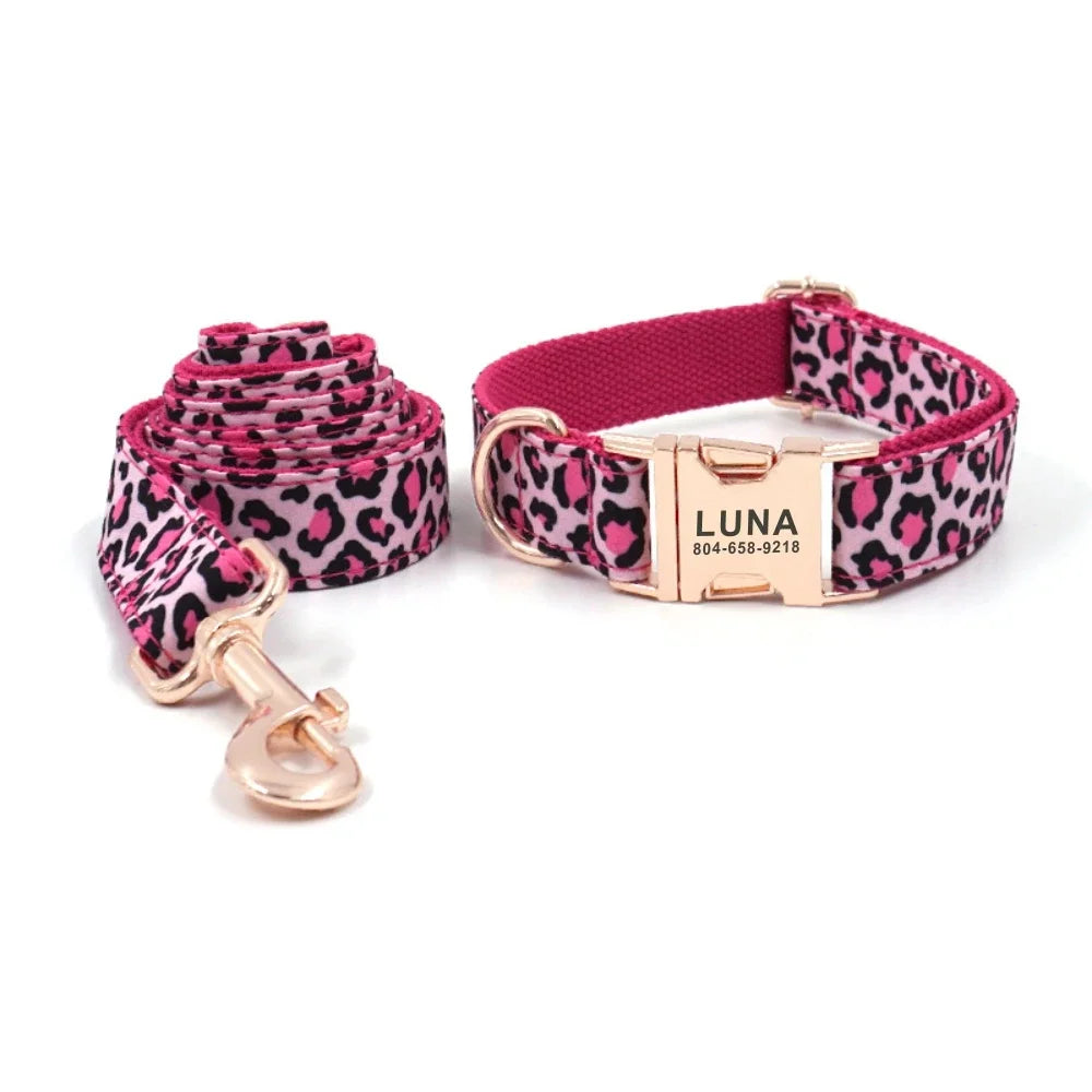 Collier de chien personnalisé avec gravure gratuite. Ensemble de collier et laisse en léopard rose