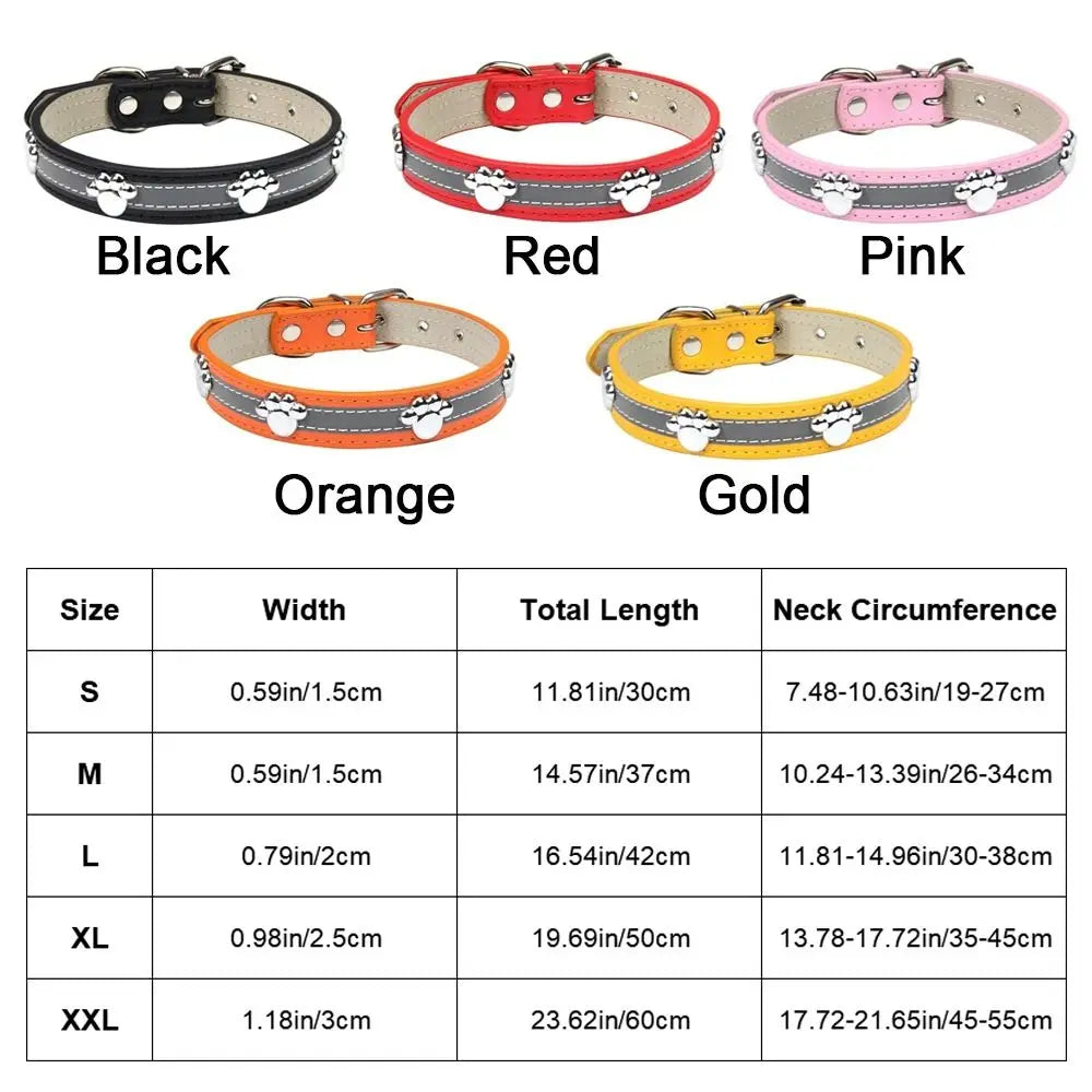 Collier de chien réfléchissant en cuir, boucle en métal réglable, rivets en forme de patte, diverses couleurs