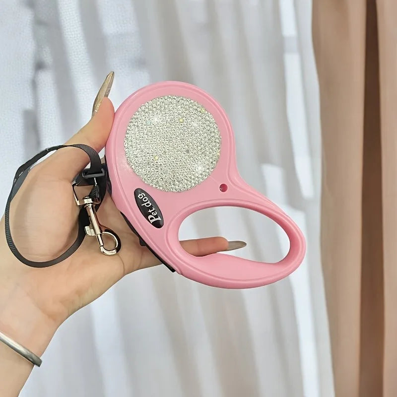 Laisse de 3m pour chien de petite et moyenne taille, en nylon avec diamants scintillants, rétractable, couleur rose