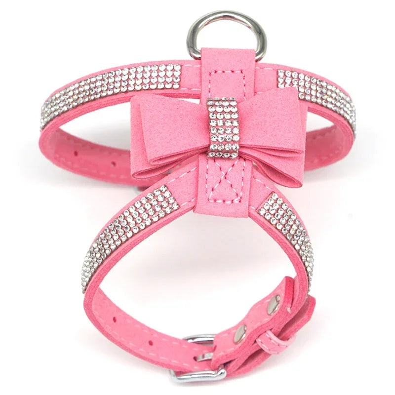 Harnais et laisse assortie pour chien, avec strass scintillants et nœud, en cuir suédé souple. Réglable pour petits et moyens chiens, diverses couleurs