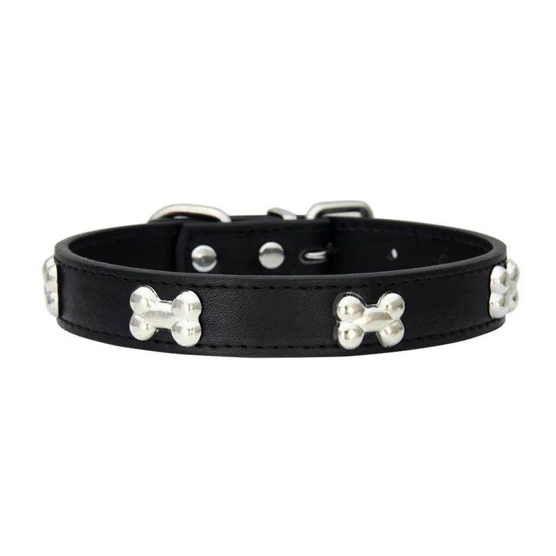 Collier en cuir avec rivets en forme d'os. Collier pour chien de petite, moyenne et grande taille, diverses couleurs