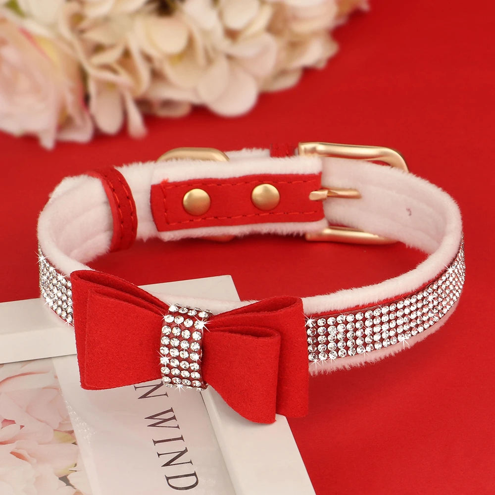 Collier pour chien avec nœud papillon et strass scintillants, pour petits chiens et chats, en velours doux. Diverses couleurs