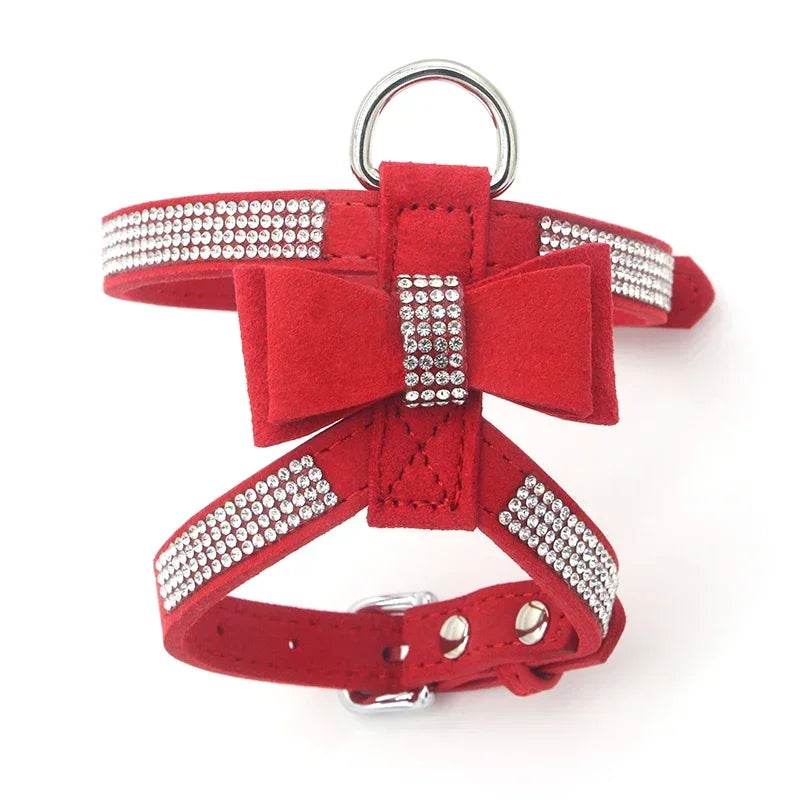 Harnais et laisse assortie pour chien, avec strass scintillants et nœud, en cuir suédé souple. Réglable pour petits et moyens chiens, diverses couleurs