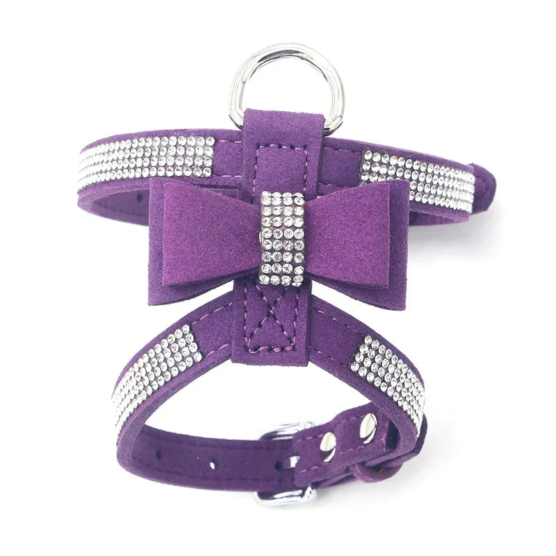 Harnais et laisse assortie pour chien, avec strass scintillants et nœud, en cuir suédé souple. Réglable pour petits et moyens chiens, diverses couleurs