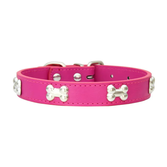 Collier en cuir avec rivets en forme d'os. Collier pour chien de petite, moyenne et grande taille, diverses couleurs