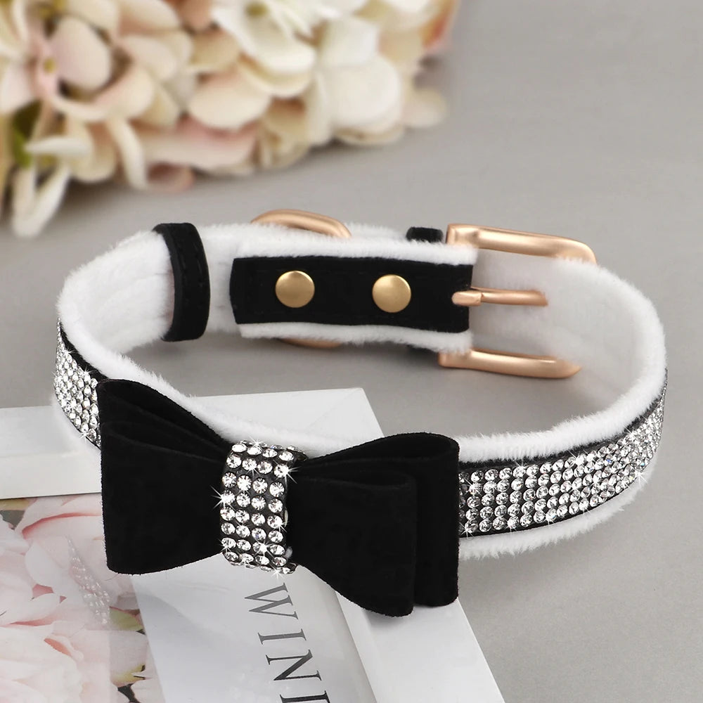 Collier pour chien avec nœud papillon et strass scintillants, pour petits chiens et chats, en velours doux. Diverses couleurs