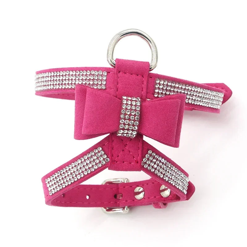 Harnais et laisse assortie pour chien, avec strass scintillants et nœud, en cuir suédé souple. Réglable pour petits et moyens chiens, diverses couleurs