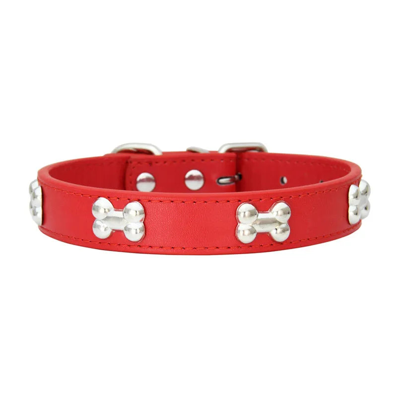 Collier en cuir avec rivets en forme d'os. Collier pour chien de petite, moyenne et grande taille, diverses couleurs