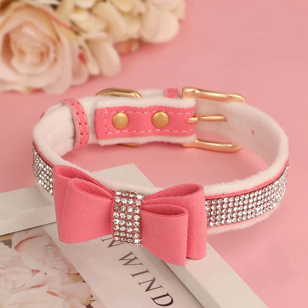 Collier pour chien avec nœud papillon et strass scintillants, pour petits chiens et chats, en velours doux. Diverses couleurs