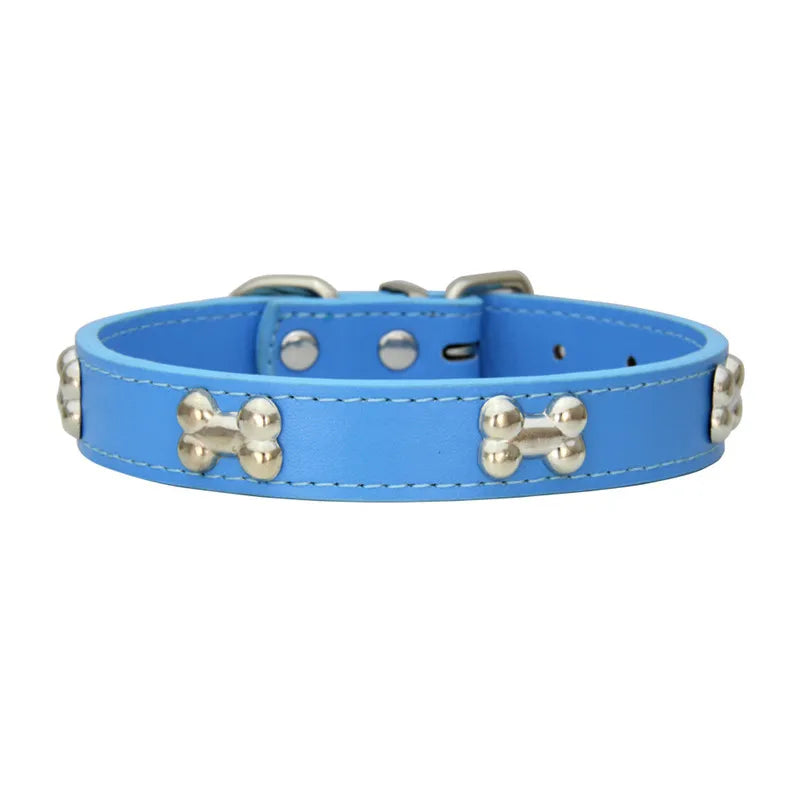 Collier en cuir avec rivets en forme d'os. Collier pour chien de petite, moyenne et grande taille, diverses couleurs