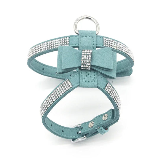 Harnais et laisse assortie pour chien, avec strass scintillants et nœud, en cuir suédé souple. Réglable pour petits et moyens chiens, diverses couleurs