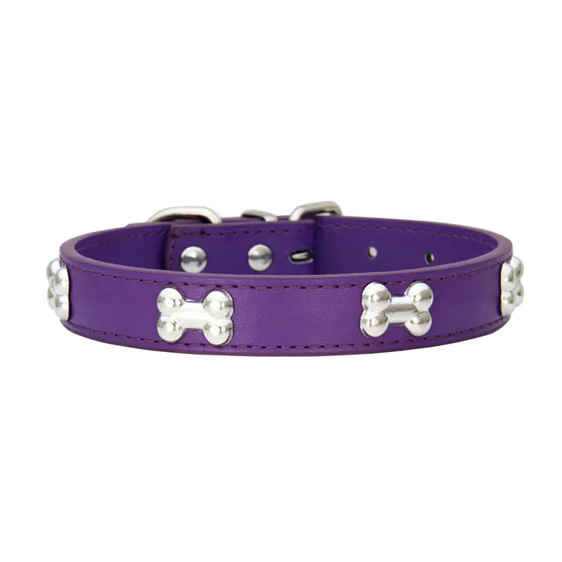 Collier en cuir avec rivets en forme d'os. Collier pour chien de petite, moyenne et grande taille, diverses couleurs