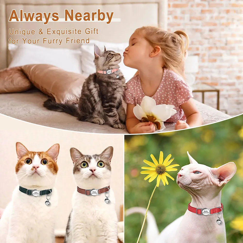 Collier à personnaliser en cuir PU, gravure gratuite, petite clochette. Pour chats et petits chiens, diverses couleurs