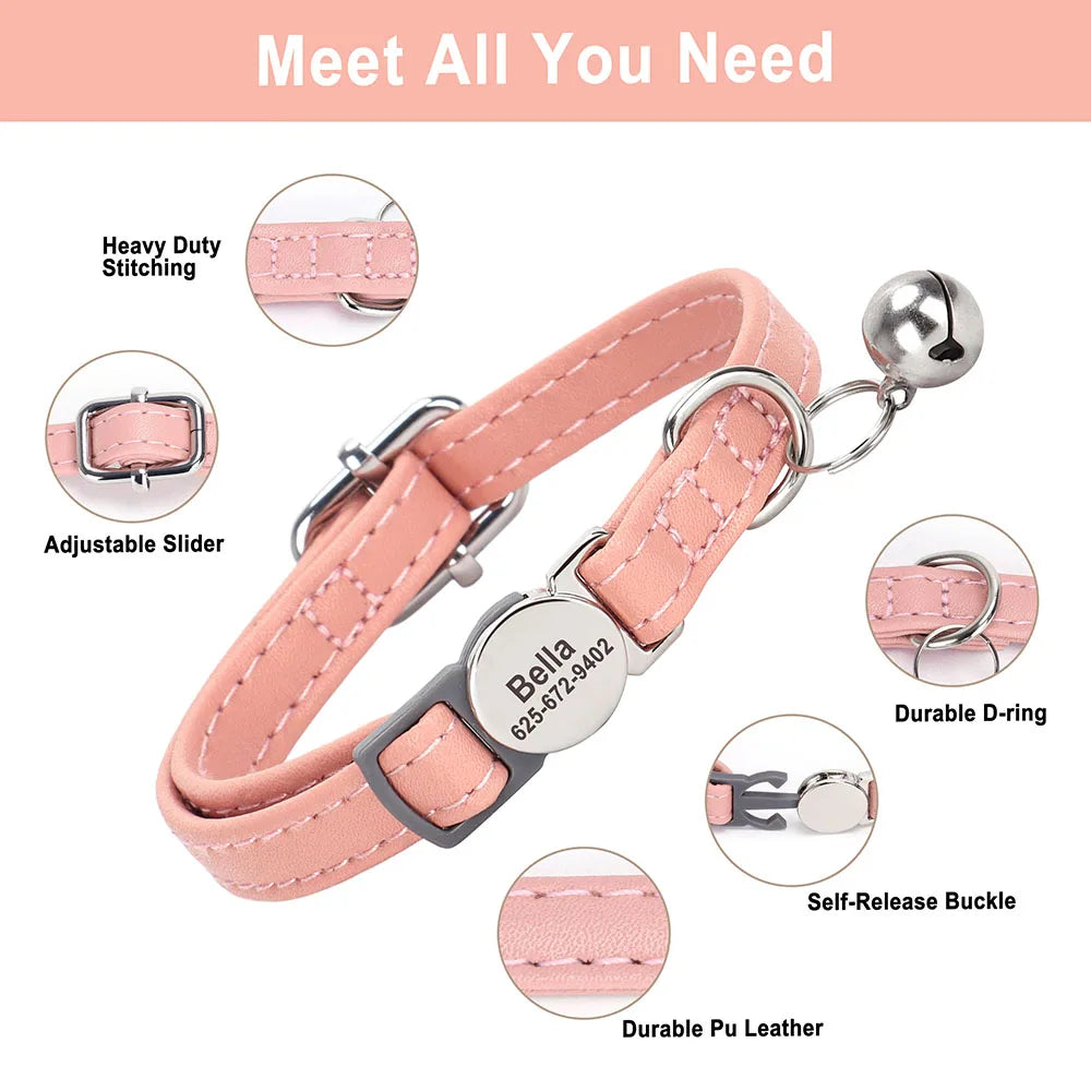 Collier à personnaliser en cuir PU, gravure gratuite, petite clochette. Pour chats et petits chiens, diverses couleurs