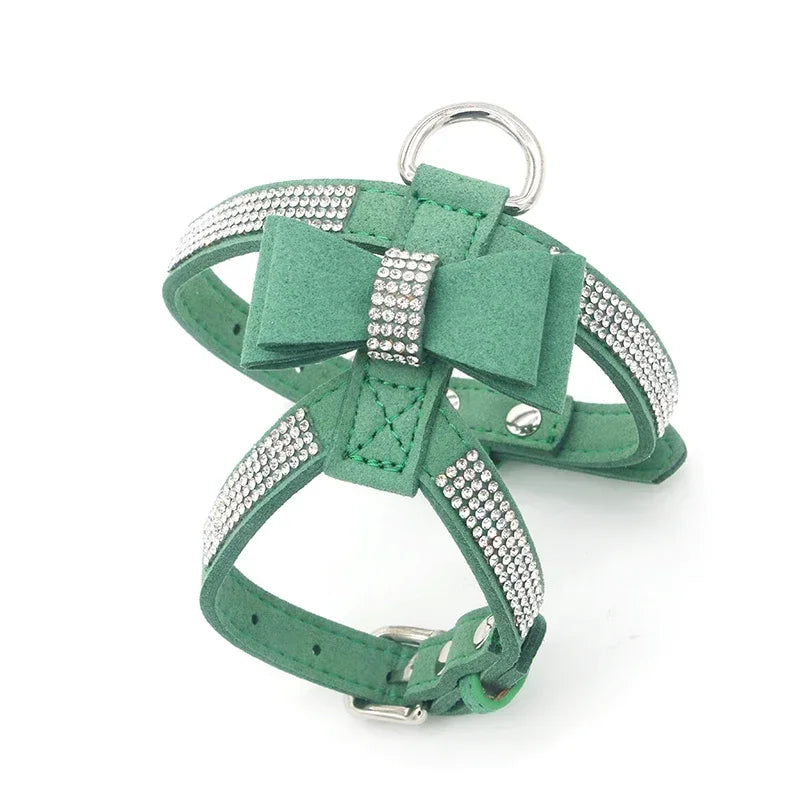 Harnais et laisse assortie pour chien, avec strass scintillants et nœud, en cuir suédé souple. Réglable pour petits et moyens chiens, diverses couleurs