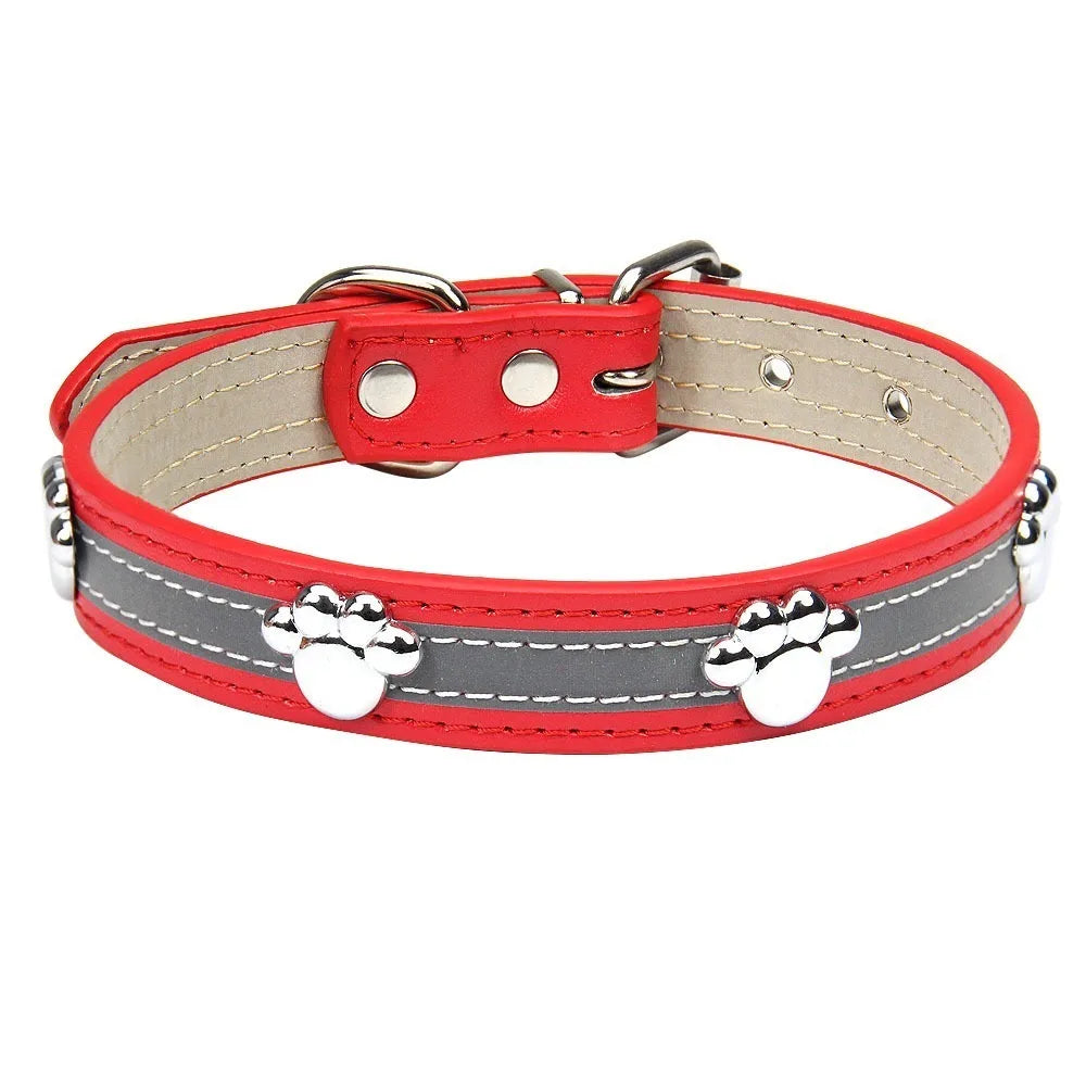 Collier de chien réfléchissant en cuir, boucle en métal réglable, rivets en forme de patte, diverses couleurs