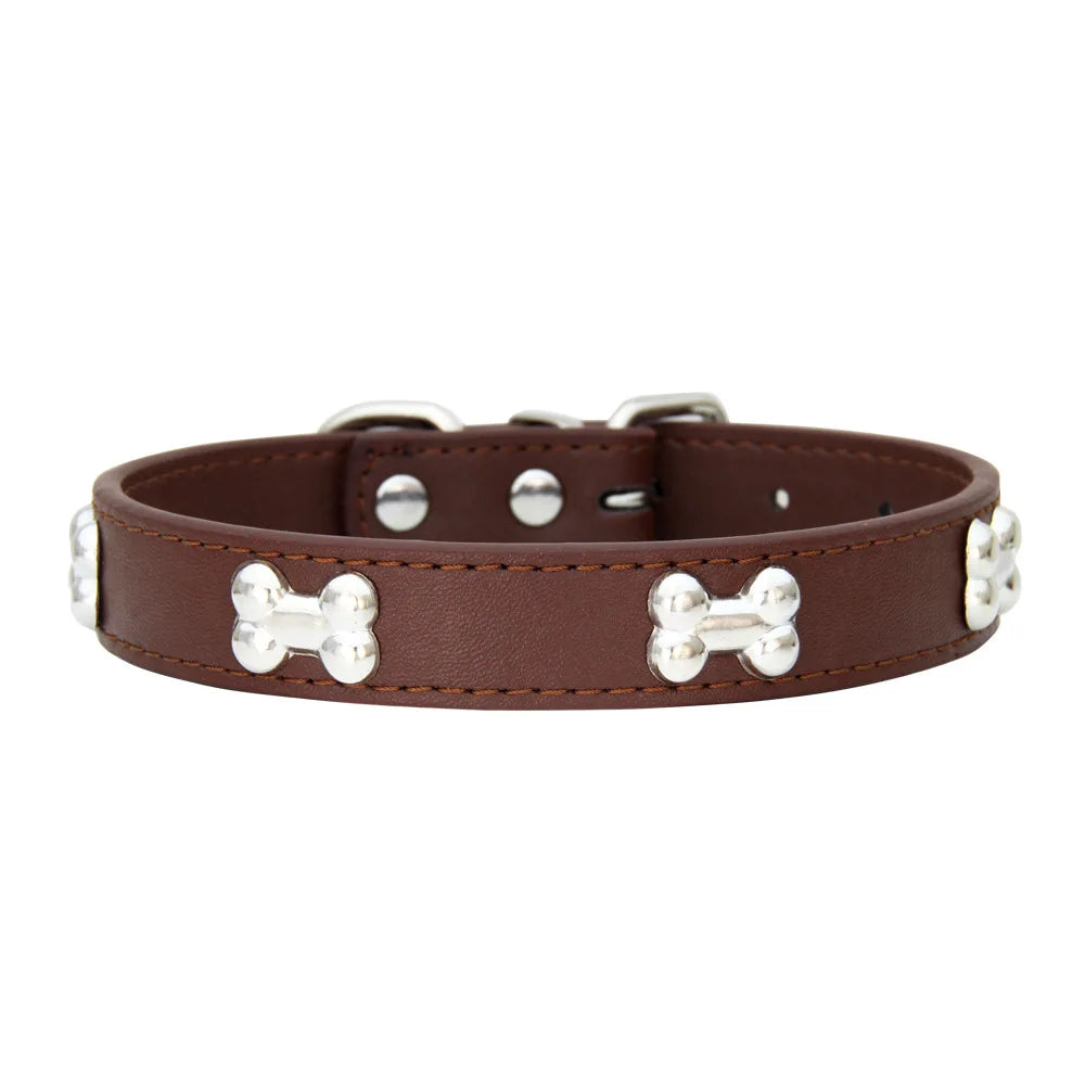 Collier en cuir avec rivets en forme d'os. Collier pour chien de petite, moyenne et grande taille, diverses couleurs