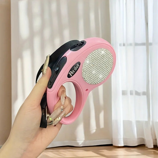 Laisse de 3m pour chien de petite et moyenne taille, en nylon avec diamants scintillants, rétractable, couleur rose
