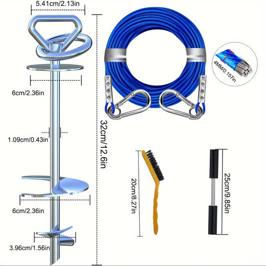 Piquet d'attache pour chien avec rotation à 360°, en acier inoxydable. Disponible avec des laisses en acier de 3,05 / 6,1 / 9,14 / 12,19 mètres